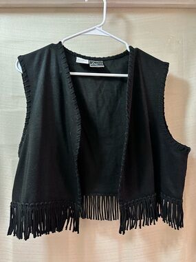 Lennie Nina Leonard Black Fringe Vest Boho Western Vintage 90s L Hippie Grunge